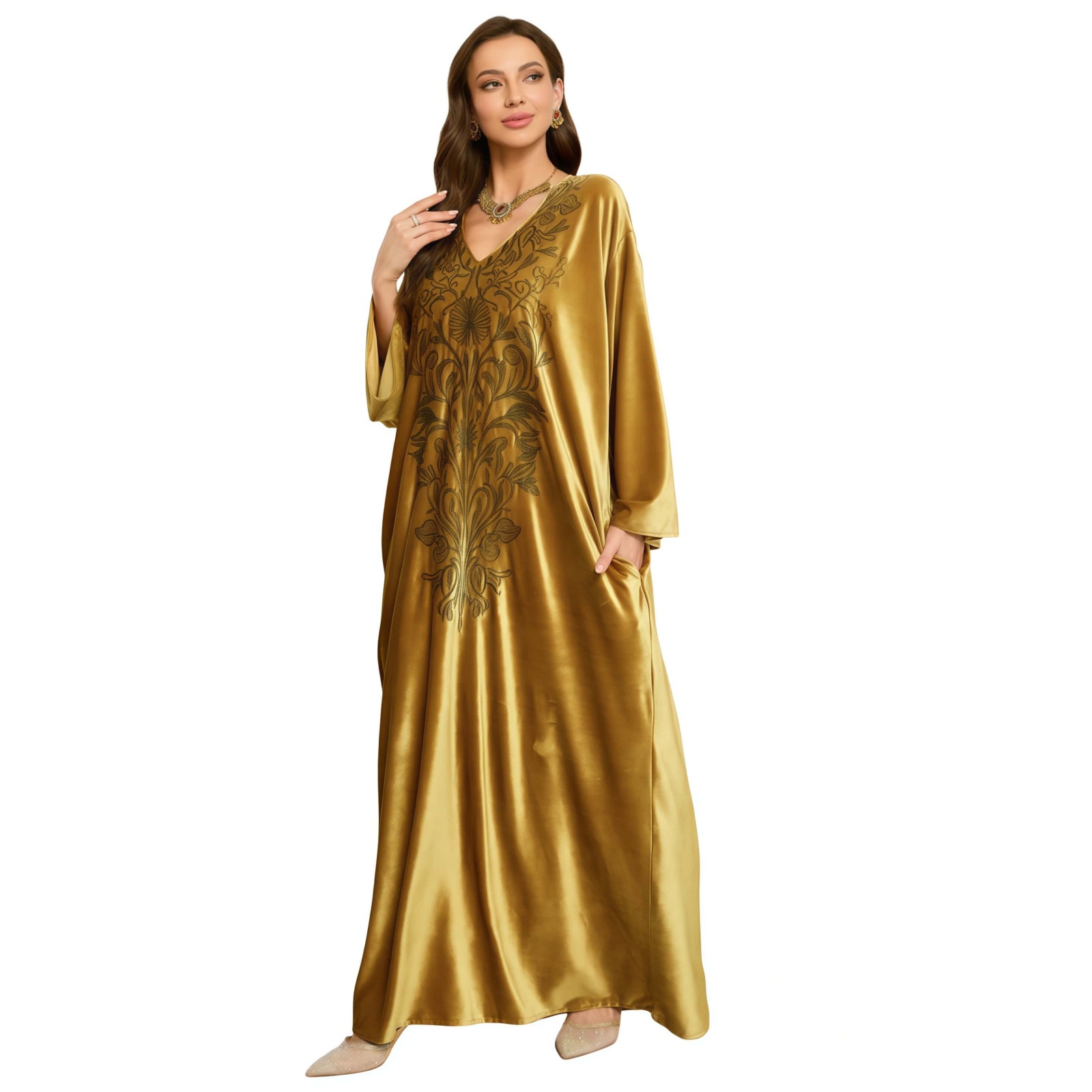 Elegant Embroidered Kaftan Dress Beach Bathing Suit Cover up Long Maxi Dress